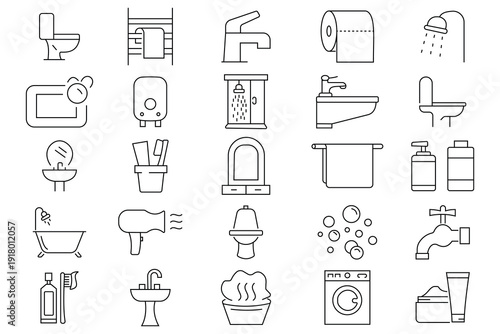 Bathroom icon set. Bath, shower, toilet, washbasin, cosmetic, mirror, soap bubble. set of bathroom icon isolated on white background from hygiene collection. Vector illustration.