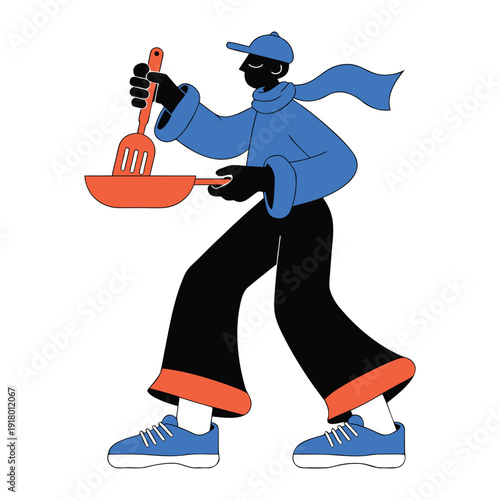 Stylish Minimalist Illustration of a Person Cooking with a Cinematic Feel and Energetic Mood isolated on White Background