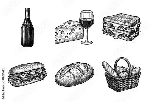 Vintage engraving style collection of picnic food and drinks featuring wine cheese sandwiches and fresh bread in a woven basket
