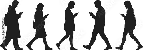 Black, silhouettes, of, diverse, people, walking, and, using, smartphones, for, modern, technology, social, media, and, urban, lifestyle, designs