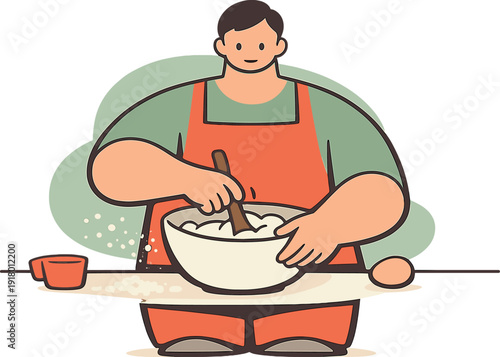 Calm person mixes dough in a bowl, arms circling slowly as flour dust settles on a clean table nearby with steady focus today
