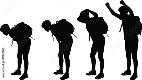 Black, silhouettes, of, a, young, person, with, a, backpack, hiking, trekking, and, celebrating, for, travel, and, adventure, designs