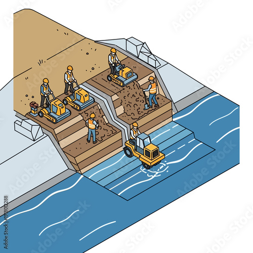 Dredging Operation in Progress with Workers and Heavy Machinery.