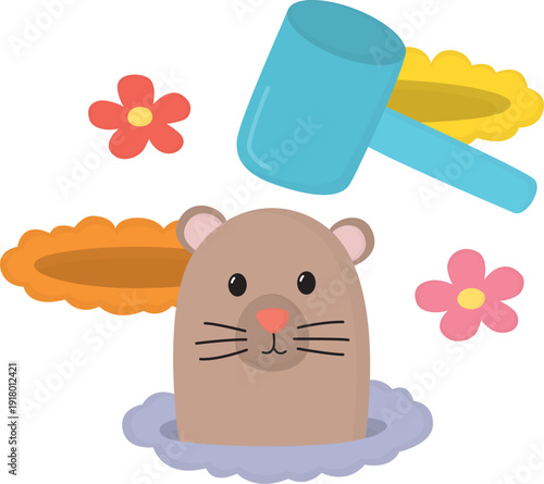 Whack a mole fun game concept. Illustration with mole, hammer and mole holes