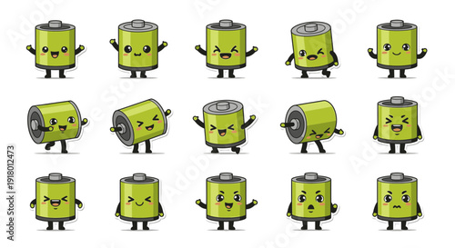 Cute battery characters with various expressions and poses  
