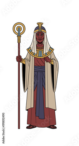 Ancient Egyptian god holding a staff with traditional attire  