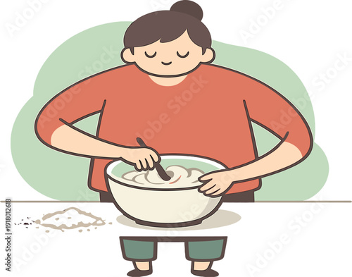 Soft person mixes dough in a bowl, arms circling slowly as flour dust settles on a clean table nearby with steady focus today