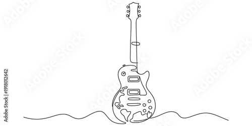 Continuous line drawing of a classic electric guitar standing on a wavy sound wave line. Vector, illustration