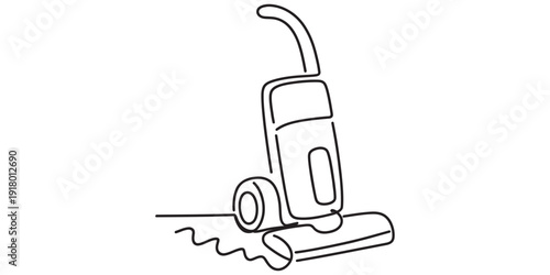 Continuous line drawing of a modern upright vacuum cleaner for home cleaning services. Vector, illustration