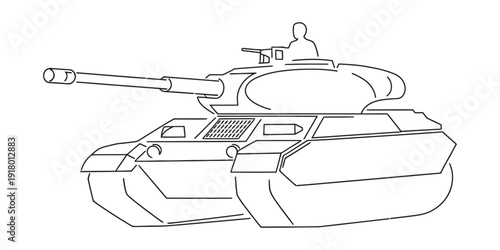 Simple black and white line drawing of a military tank with a long cannon and a gunner Vector, illustration