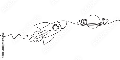Continuous line drawing of a space rocket flying towards a ringed planet in the galaxy. Vector, illustration