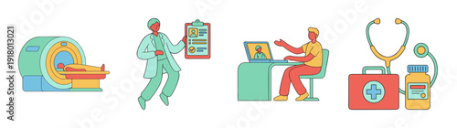 Flat Vector Medical Services and Healthcare Element Kit for Modern Telemedicine Graphic Set