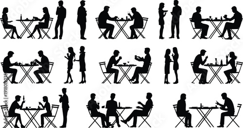 Large, collection, of, black, silhouettes, featuring, people, dining, at, restaurant, tables, for, cafe, hospitality, and, lifestyle, designs