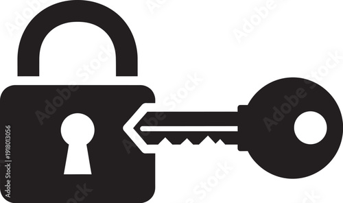 Black padlock with key, security symbol, locked icon, safety concept, protection sign, flat design, vector illustration