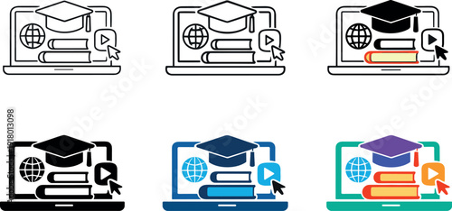 E-learning platform icon showing a tablet or laptop with graduation cap, books, and learning symbols, representing digital