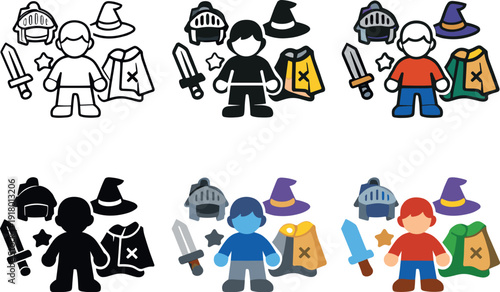 Creative Toy Icon Grid. Imaginative play icon focused on complementary pieces associated with a child’s figure toy, communicating