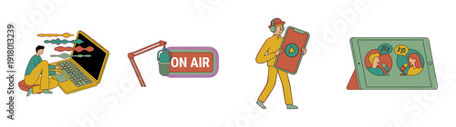 Flat Vector Podcast and Audio Production Graphic Set for Digital Content Creation and Streaming Services
