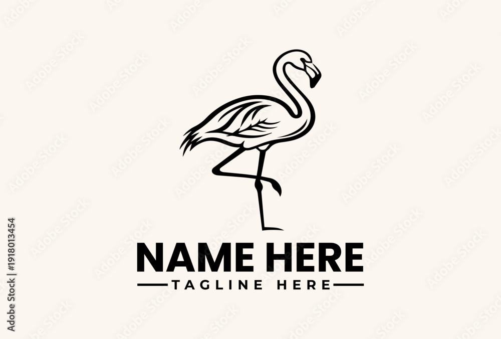 Fototapeta premium A minimalist illustration of a flamingo logo standing on one leg with a placeholder name and tagline on a clean white background.