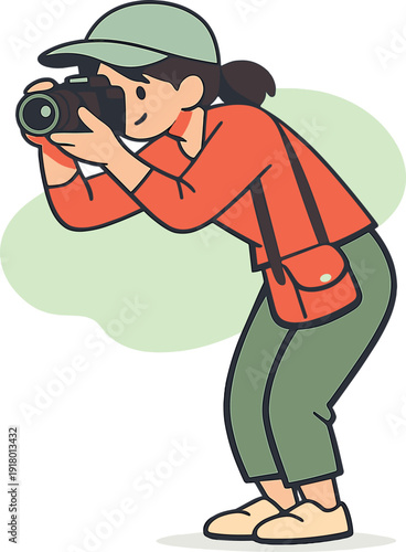 Morning person takes photos with a camera, body leaning slightly forward as fingers press the shutter calmly | taking photos
