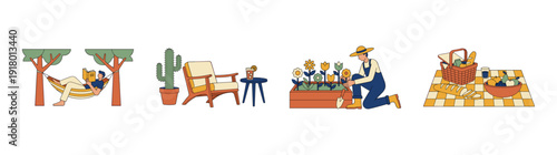 Flat Vector Outdoor Leisure and Gardening Asset Sheet for Summer Relaxation and Backyard Living Themes