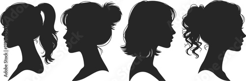 Set, of, black, female, profile, silhouettes, with, various, hairstyles, including, ponytail, bun, short, bob, and, curly, hair, portraits