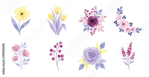 Watercolor Floral Elements Set in Purple and Yellow