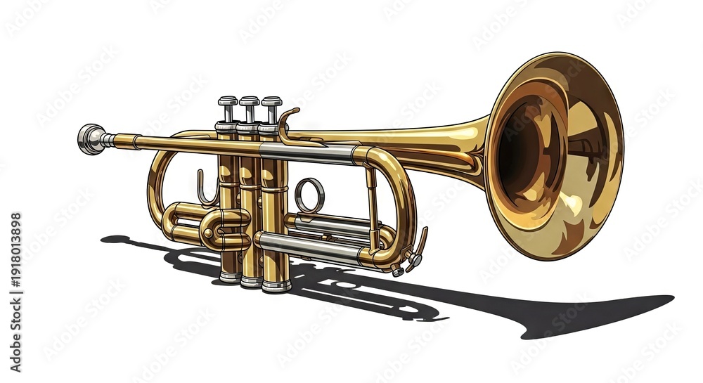 Obraz premium Brass trumpet placed on a white background casting a shadow 