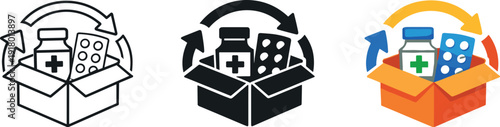 Delivering treatments illustrated by a supply chain emblem where packaged medicine and movement cues indicate organized