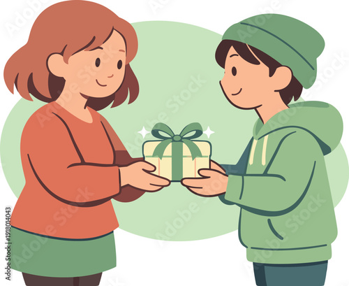 Warm friend offers a small wrapped present with both hands, standing close as ribbon corners catch light between them softly now!