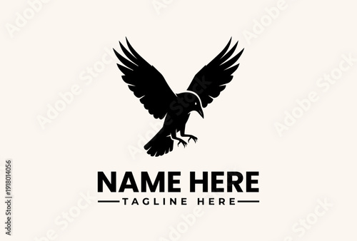 A black silhouette of an eagle in flight with outstretched wings, positioned above placeholder text for a logo or brand name on a beige background, with a simple and modern design style.