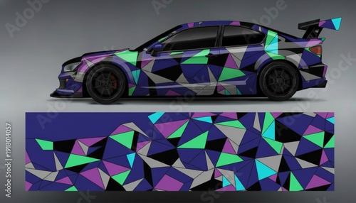 Custom car wrap design featuring a vibrant geometric camouflage pattern with triangles in purple, green, blue, black, and grey.