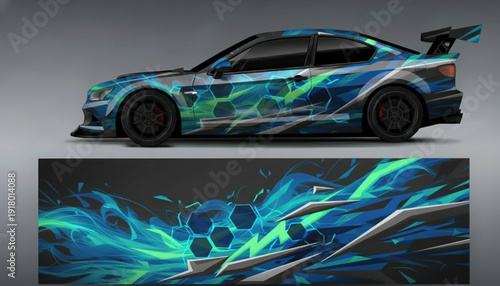 Dynamic blue and green abstract graphic car wrap design on a sports coupe, showcasing a modern vehicle decal.