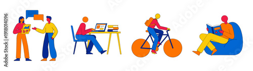 Flat Vector Student Lifestyle Character Asset Sheet for Higher Education and Modern Productivity