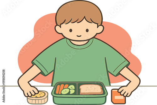 Soft child prepares a school lunch slowly, placing snacks side by side, hands steady, counter clear and tidy. | school lunch,
