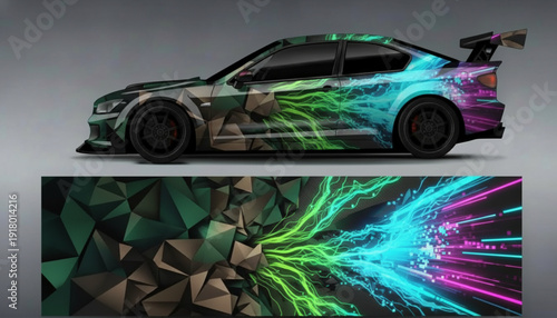 Custom sports car with a dynamic wrap design featuring geometric patterns and vibrant lightning streaks.