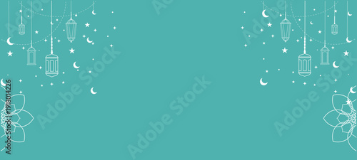 white Islamic ornament background with hanging lanterns, stars, and crescent moons. Elegant white frame with mandala floral details for Ramadan Kareem, Eid Al-Fitr, or religious greeting cards