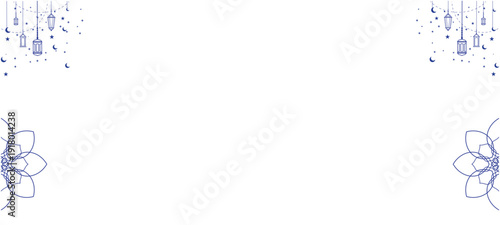 Blue Islamic ornament background with hanging lanterns, stars, and crescent moons. Elegant white frame with mandala floral details for Ramadan Kareem, Eid Al-Fitr, or religious greeting cards