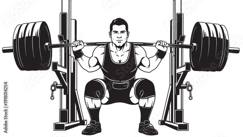 Cartoon illustration of a weightlifter performing a heavy squat on a barbell in a gym setting.