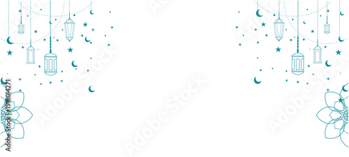 sage green Islamic ornament background with hanging lanterns, stars, and crescent moons. Elegant white frame with mandala floral details for Ramadan Kareem, Eid Al-Fitr, or religious greeting cards