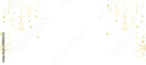 gold Islamic ornament background with hanging lanterns, stars, and crescent moons. Elegant white frame with mandala floral details for Ramadan Kareem, Eid Al-Fitr, or religious greeting cards