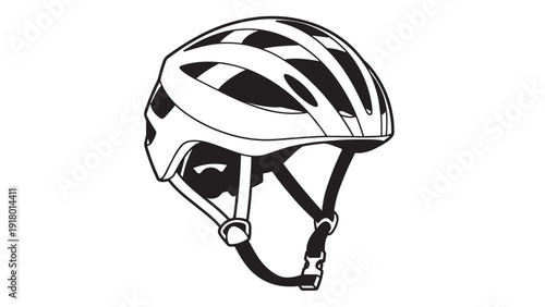Minimal Black and White Cyclist Helmet Illustration Emphasizing Safety and Design.