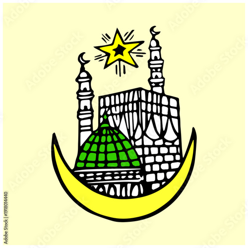 Islamic Symbol Illustration Featuring Kaaba, Green Dome of Medina, Crescent Moon and Star – Muslim Religious Vector Icon