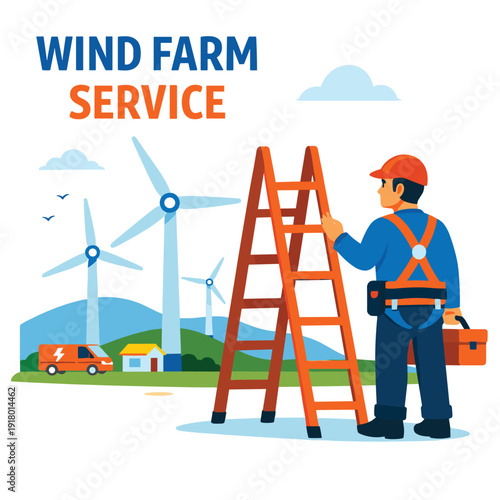 Wind farm service worker maintaining turbines
