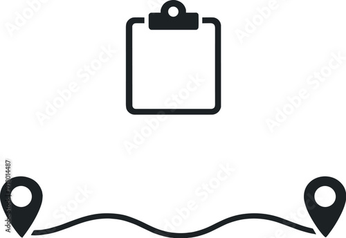 Logistics update context depicted by a clipboard displaying a simplified route line and checkpoint dot reduced to a single clear
