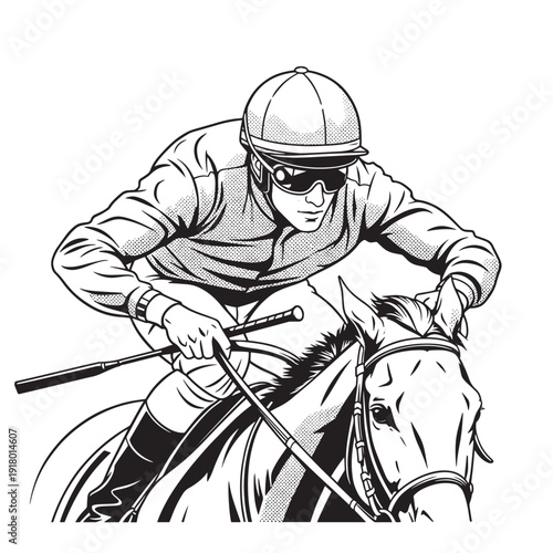 Dynamic jockey on a galloping horse during a fast horse race.