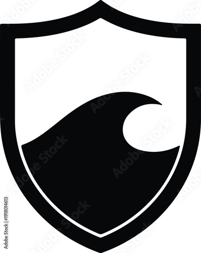 silhouette minimalist ocean wave inside a protective heraldic shield vector design