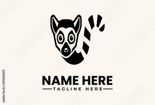 Black and white illustration of a lemur's head with a striped tail, accompanied by placeholder text for a name and tagline on a beige background.