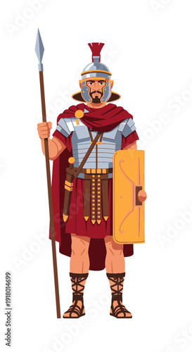 Roman soldier standing with spear and shield in historical attire  
