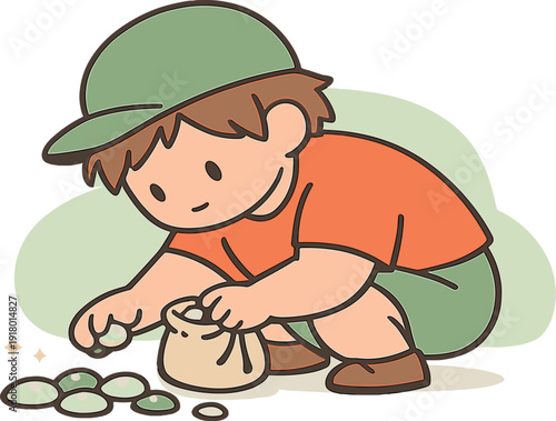 Small child collects smooth stones into a small pouch, crouching near ground as pebbles gleam and hands move slowly. | collecting