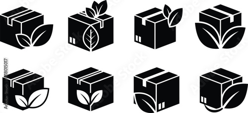 Icon collection of growing plant crates and boxes with leaves